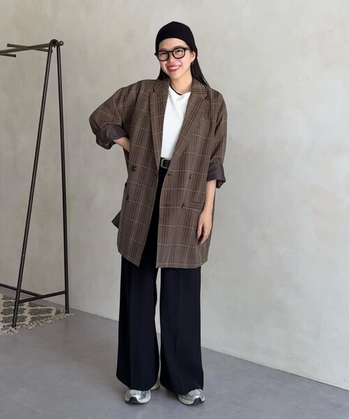 DISCOAT（ディスコート）の「【ユニセックス】チェックWブレストオーバージャケット（テーラードジャケット・レディース・ベージュ/ダークブラウン/ブラウン・FREE/SHORT）」の12枚目の写真