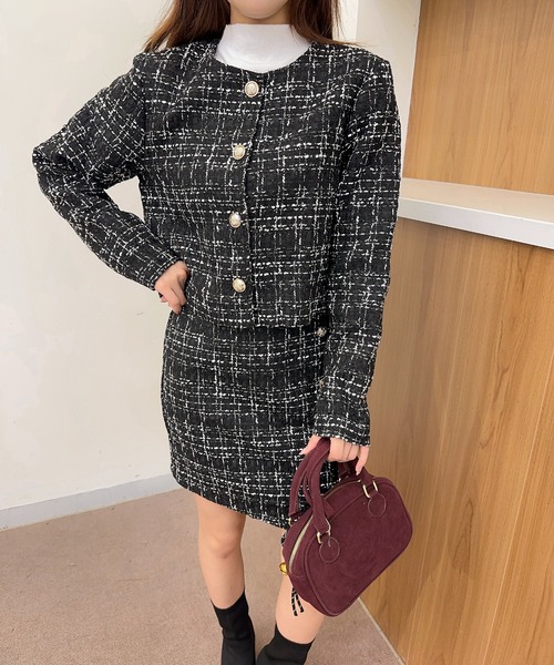 Jasmine出品 セール】【Jasmine】ツイードノーカラージャケット+ミニスカート