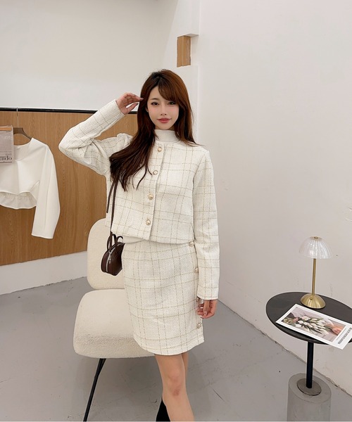 Jasmine出品 セール】【Jasmine】ツイードノーカラージャケット+ミニスカート