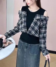 レオやリングデザインチェックシャツトップス