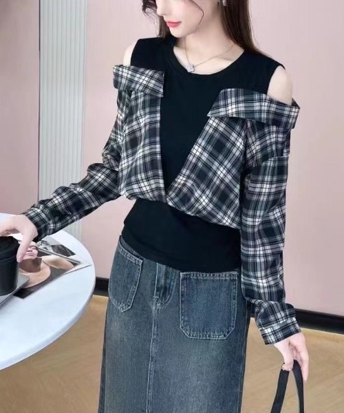 gossip!ロサンゼルス(ゴシップロサンゼルス)の「レオやリングデザインチェックシャツトップス(Tシャツ/カットソー・レディース・ブルー/ブラウン・M)」の1枚目の写真