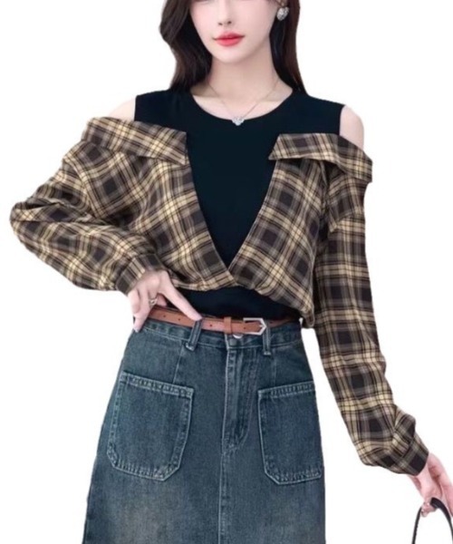 gossip!ロサンゼルス(ゴシップロサンゼルス)の「レオやリングデザインチェックシャツトップス(Tシャツ/カットソー・レディース・ブルー/ブラウン・M)」の3枚目の写真