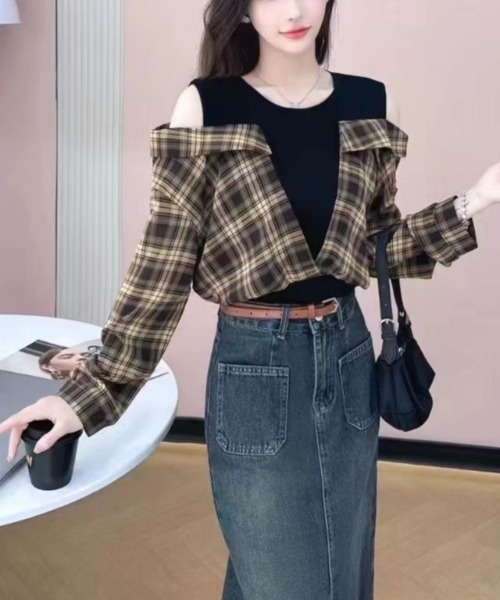 gossip!ロサンゼルス(ゴシップロサンゼルス)の「レオやリングデザインチェックシャツトップス(Tシャツ/カットソー・レディース・ブルー/ブラウン・M)」の6枚目の写真
