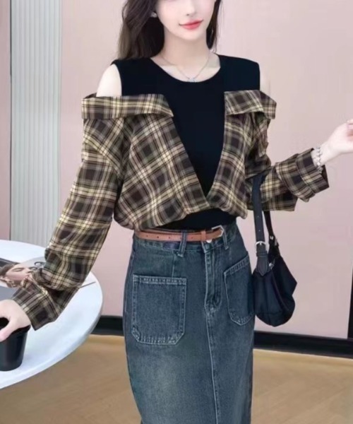 gossip!ロサンゼルス(ゴシップロサンゼルス)の「レオやリングデザインチェックシャツトップス(Tシャツ/カットソー・レディース・ブルー/ブラウン・M)」の9枚目の写真