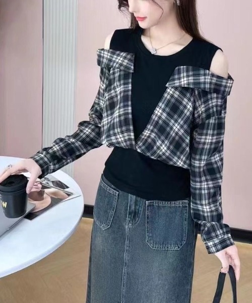gossip!ロサンゼルス(ゴシップロサンゼルス)の「レオやリングデザインチェックシャツトップス(Tシャツ/カットソー・レディース・ブルー/ブラウン・M)」の10枚目の写真