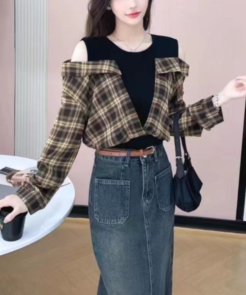 gossip!ロサンゼルス(ゴシップロサンゼルス)の「レオやリングデザインチェックシャツトップス(Tシャツ/カットソー・レディース・ブルー/ブラウン・M)」の13枚目の写真