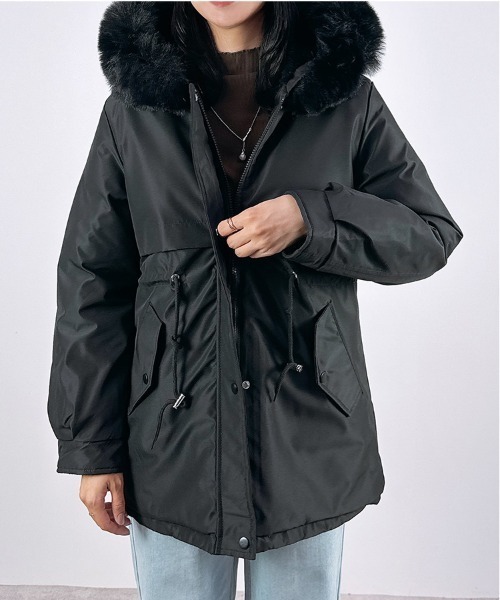 ネイビー　ファー付きモッズコート 楽天市場】レディース モッズコート ラクーンファー トリミング