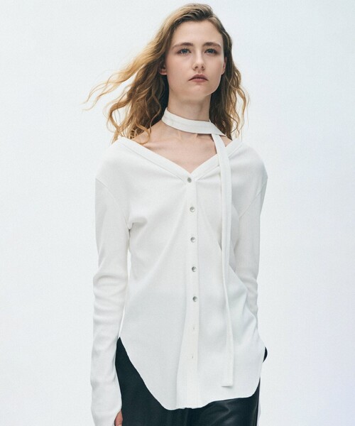 uncrave(アンクレイヴ)の「ヴィンテージリブ 2WAYトップス(Tシャツ/カットソー・レディース・ブラック系/グレー系/ホワイト系/レッド系/ダークブラウン系/ライトイエロー/ライトピンク・F)」の1枚目の写真