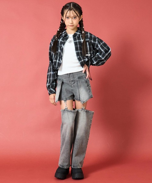 ANAP GiRL(アナップガール)の「サイドシャーリングチェックシャツ【キッズお揃い】(シャツ/ブラウス・キッズ・ブラック/ベージュ/ブラウン・S/XS/M)」の7枚目の写真