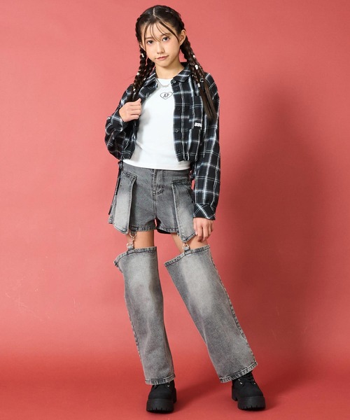 ANAP GiRL(アナップガール)の「サイドシャーリングチェックシャツ【キッズお揃い】(シャツ/ブラウス・キッズ・ブラック/ベージュ/ブラウン・S/XS/M)」の8枚目の写真