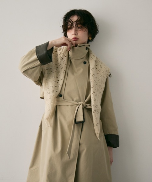 セール】ヴィーガンレザー配色ロングトレンチコート（トレンチコート