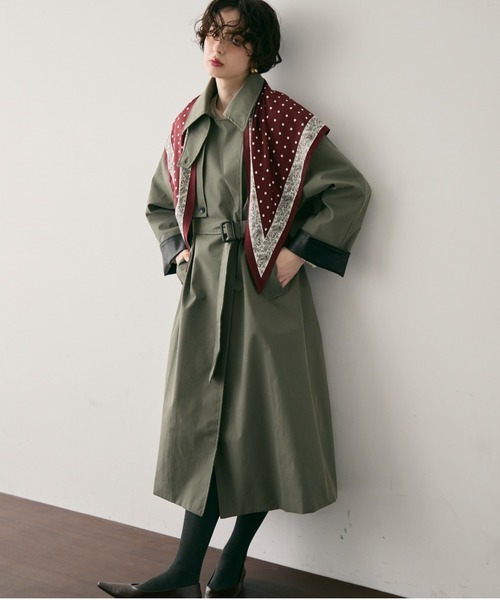 セール】ヴィーガンレザー配色ロングトレンチコート（トレンチコート