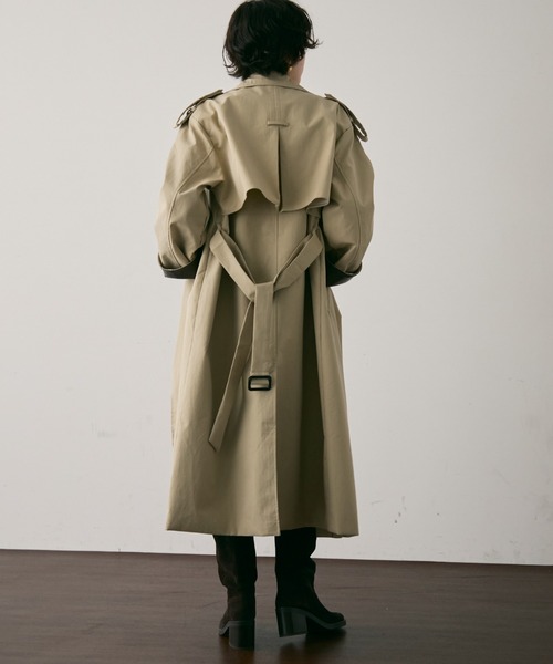 セール】ヴィーガンレザー配色ロングトレンチコート（トレンチコート