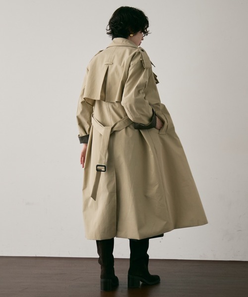 セール】ヴィーガンレザー配色ロングトレンチコート（トレンチコート