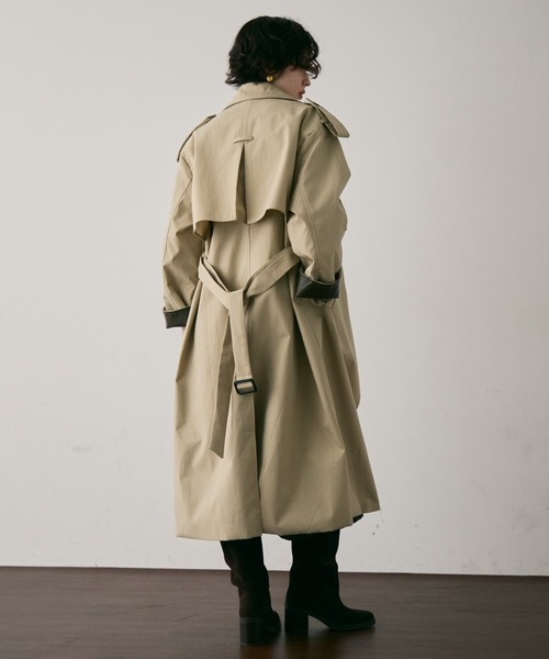 セール】ヴィーガンレザー配色ロングトレンチコート（トレンチコート