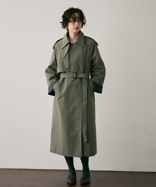 セール】ヴィーガンレザー配色ロングトレンチコート（トレンチコート