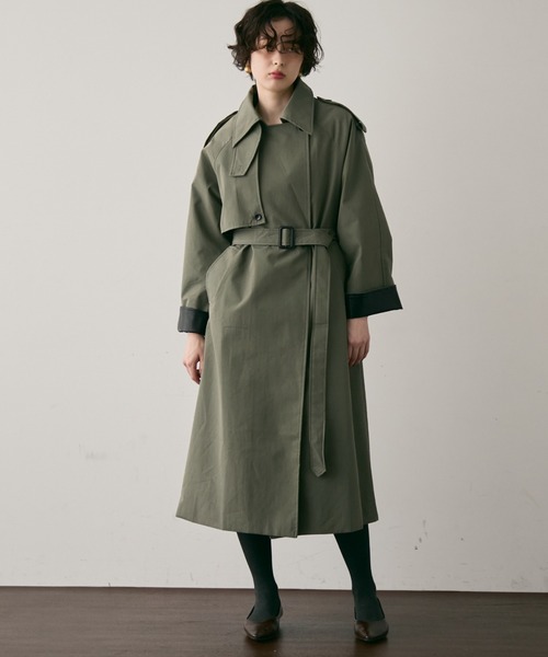 セール】ヴィーガンレザー配色ロングトレンチコート（トレンチコート