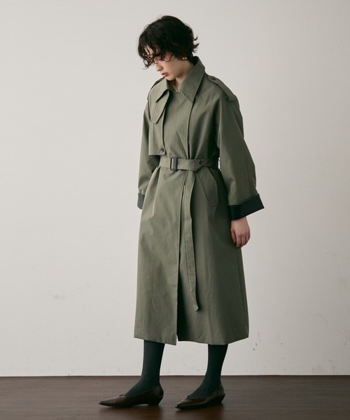 セール】ヴィーガンレザー配色ロングトレンチコート（トレンチコート
