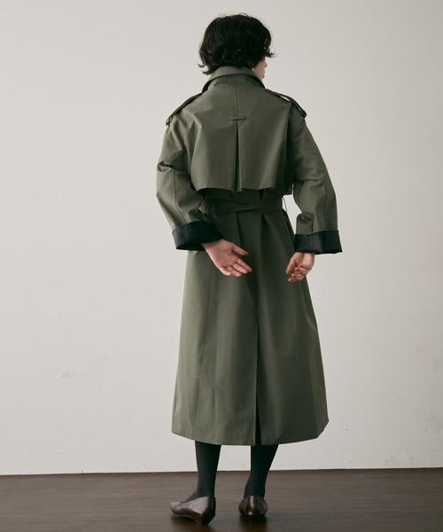 セール】ヴィーガンレザー配色ロングトレンチコート（トレンチコート