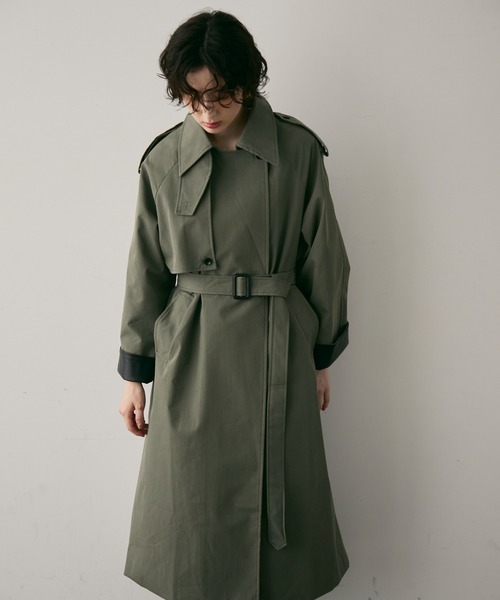 セール】ヴィーガンレザー配色ロングトレンチコート（トレンチコート