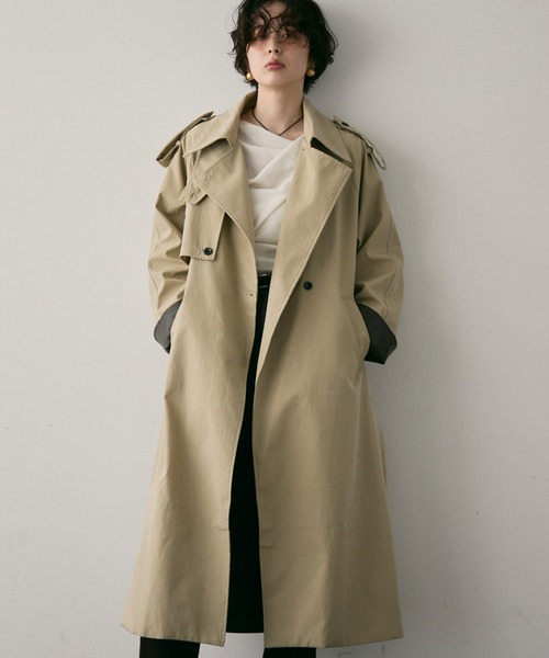 セール】ヴィーガンレザー配色ロングトレンチコート（トレンチコート