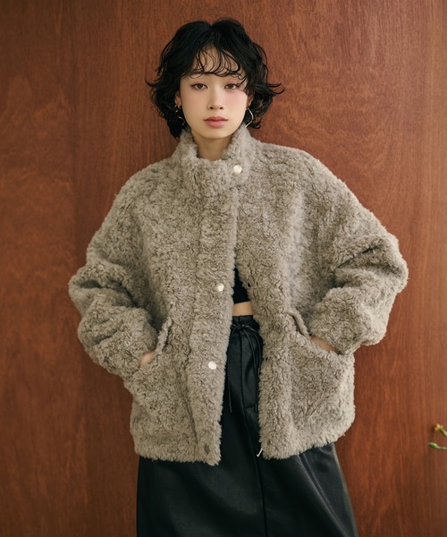 美品 モラビト MORABITO ウール混 プードルボアコート グレー 38 wool boa double pocket coat /ウールボアダブルポケットコート