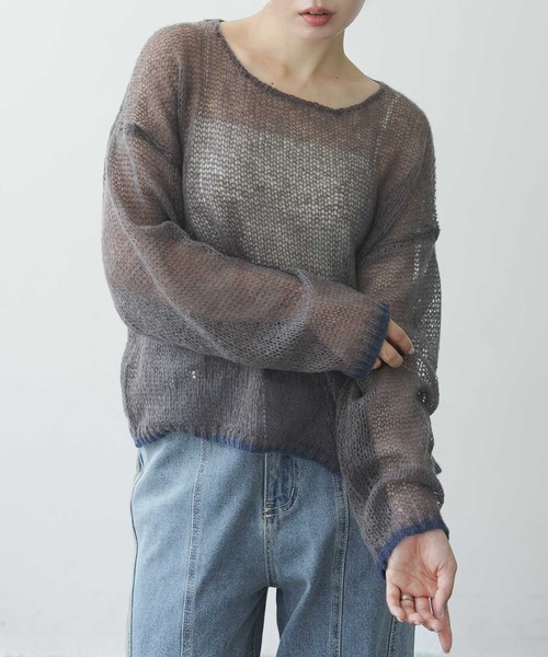 Bulue.(ブルー)の「【Bulue.】透かし編み配色ニット(ニット/セーター・レディース・チャコールグレー/ブラウン/グレイッシュベージュ・FREE)」の2枚目の写真