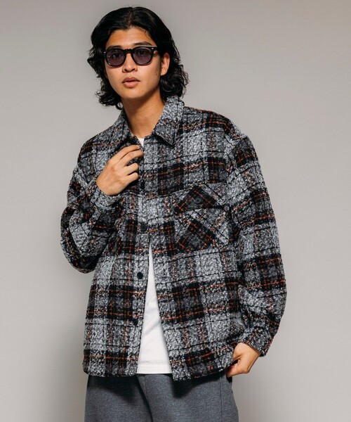 バーバリー　ノバチェック　アンゴラ混　ツイード生地　シャツ　ジャケット　Ｌ セール】ポリツイード CPO チェック シャツジャケット（シャツ