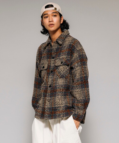 【unkown】イタリア製 生地 使用 ウールCPOチェックシャツ ジャケット セール】ポリツイード CPO チェック シャツジャケット（シャツ