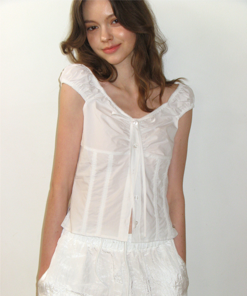 コットンレースシャーリングブラウス_ホワイト