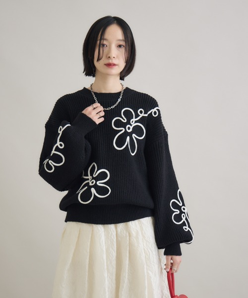 Paradise Picnic（パラダイスピクニック）の「フラワーコード刺繍ニットプルオーバー（ニット/セーター・レディース・ブラック/ホワイト/ブルー・FREE）」の21枚目の写真