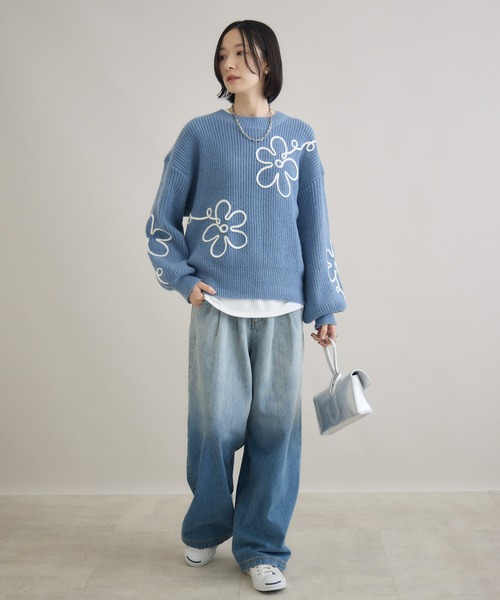 Paradise Picnic（パラダイスピクニック）の「フラワーコード刺繍ニットプルオーバー（ニット/セーター・レディース・ブラック/ホワイト/ブルー・FREE）」の11枚目の写真