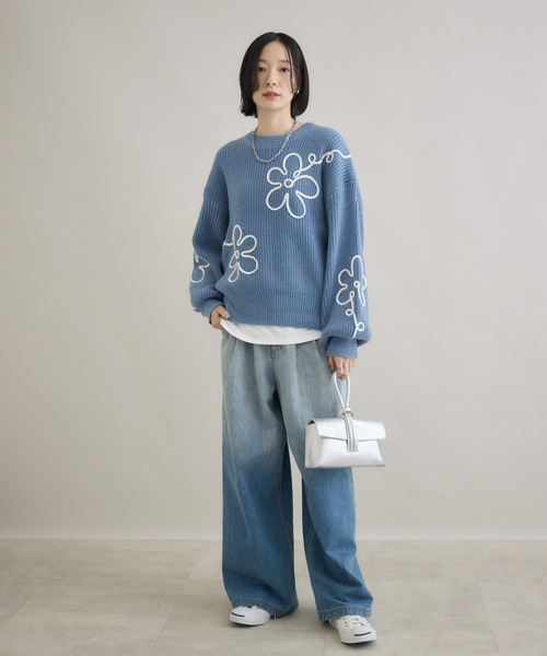 Paradise Picnic（パラダイスピクニック）の「フラワーコード刺繍ニットプルオーバー（ニット/セーター・レディース・ブラック/ホワイト/ブルー・FREE）」の12枚目の写真