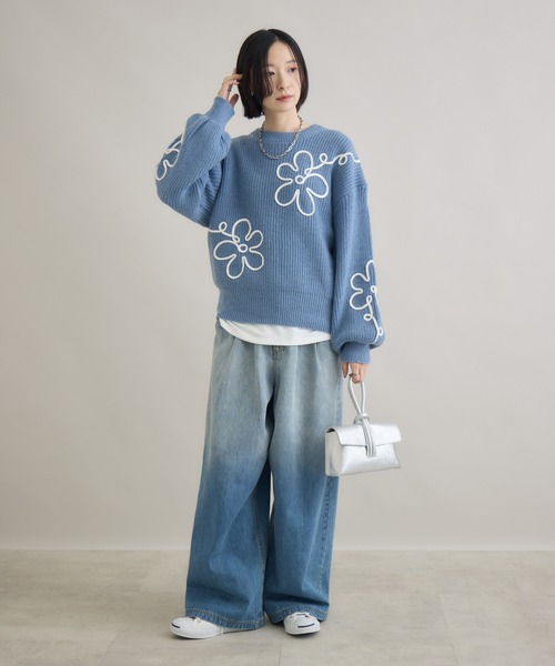 Paradise Picnic（パラダイスピクニック）の「フラワーコード刺繍ニットプルオーバー（ニット/セーター・レディース・ブラック/ホワイト/ブルー・FREE）」の13枚目の写真