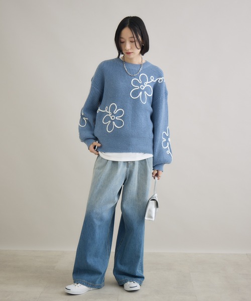 Paradise Picnic（パラダイスピクニック）の「フラワーコード刺繍ニットプルオーバー（ニット/セーター・レディース・ブラック/ホワイト/ブルー・FREE）」の10枚目の写真