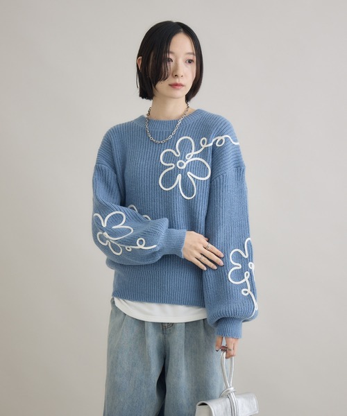 Paradise Picnic（パラダイスピクニック）の「フラワーコード刺繍ニットプルオーバー（ニット/セーター・レディース・ブラック/ホワイト/ブルー・FREE）」の14枚目の写真