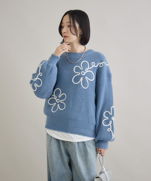 Paradise Picnic（パラダイスピクニック）の「フラワーコード刺繍ニットプルオーバー（ニット/セーター・レディース・ブラック/ホワイト/ブルー・FREE）」の15枚目の写真