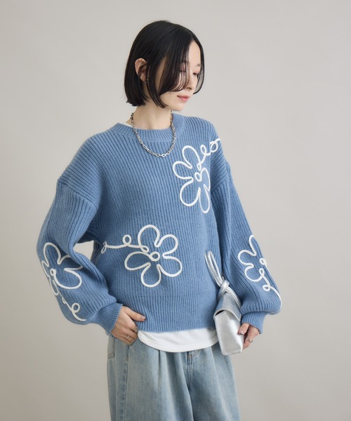 Paradise Picnic（パラダイスピクニック）の「フラワーコード刺繍ニットプルオーバー（ニット/セーター・レディース・ブラック/ホワイト/ブルー・FREE）」の16枚目の写真