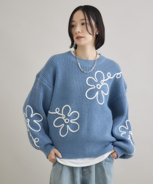 Paradise Picnic（パラダイスピクニック）の「フラワーコード刺繍ニットプルオーバー（ニット/セーター・レディース・ブラック/ホワイト/ブルー・FREE）」の17枚目の写真
