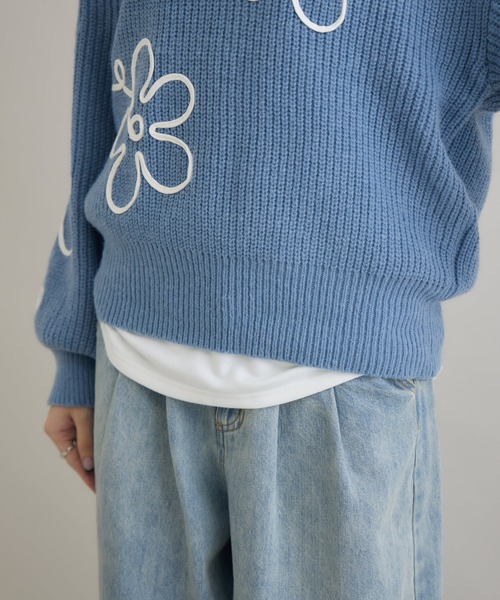 Paradise Picnic（パラダイスピクニック）の「フラワーコード刺繍ニットプルオーバー（ニット/セーター・レディース・ブラック/ホワイト/ブルー・FREE）」の6枚目の写真