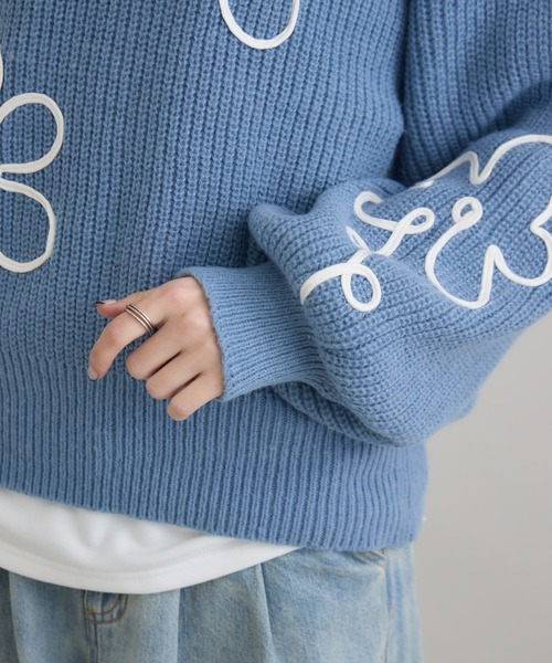 Paradise Picnic（パラダイスピクニック）の「フラワーコード刺繍ニットプルオーバー（ニット/セーター・レディース・ブラック/ホワイト/ブルー・FREE）」の7枚目の写真