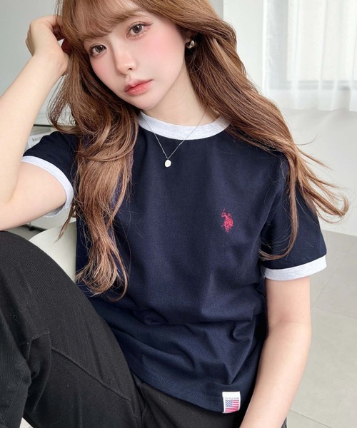 U.S. POLO ASSN.(ユーエスポロアッスン)の「moment+別注【U.S.POLO ASSN.】ワンポイント刺繍リンガー半袖Tシャツ(Tシャツ/カットソー・レディース・オフホワイト/オートミール/ネイビー・M/L)」の3枚目の写真