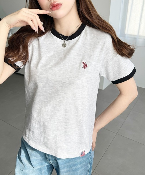U.S. POLO ASSN.(ユーエスポロアッスン)の「moment+別注【U.S.POLO ASSN.】ワンポイント刺繍リンガー半袖Tシャツ(Tシャツ/カットソー・レディース・オフホワイト/オートミール/ネイビー・M/L)」の6枚目の写真