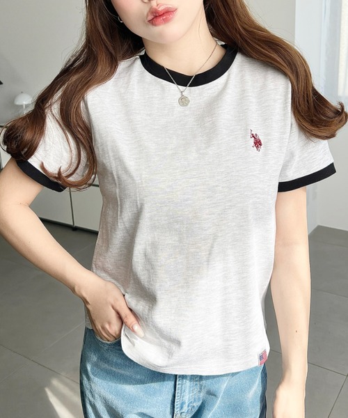 U.S. POLO ASSN.(ユーエスポロアッスン)の「moment+別注【U.S.POLO ASSN.】ワンポイント刺繍リンガー半袖Tシャツ(Tシャツ/カットソー・レディース・オフホワイト/オートミール/ネイビー・M/L)」の5枚目の写真