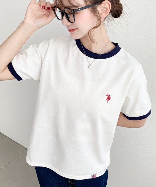 U.S. POLO ASSN.(ユーエスポロアッスン)の「moment+別注【U.S.POLO ASSN.】ワンポイント刺繍リンガー半袖Tシャツ(Tシャツ/カットソー・レディース・オフホワイト/オートミール/ネイビー・M/L)」の8枚目の写真