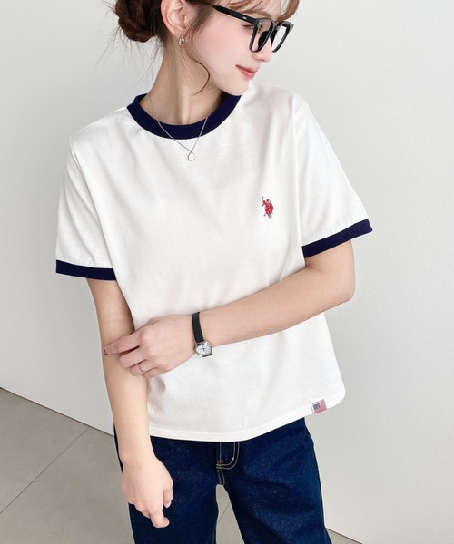 U.S. POLO ASSN.(ユーエスポロアッスン)の「moment+別注【U.S.POLO ASSN.】ワンポイント刺繍リンガー半袖Tシャツ(Tシャツ/カットソー・レディース・オフホワイト/オートミール/ネイビー・M/L)」の14枚目の写真