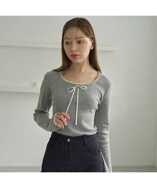 5OML(オーオーエムエル)の「レースパンチングリボンロングスリーブ(メランジェグレー)(Tシャツ/カットソー・レディース・グレー・LARGE/MEDIUM)」の1枚目の写真