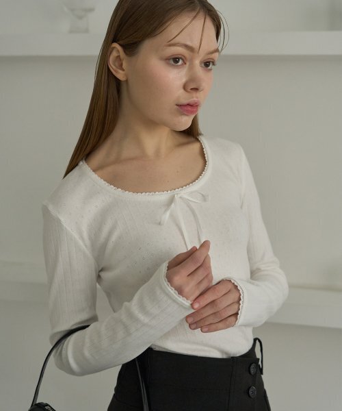 5OML(オーオーエムエル)の「レースパンチングリボンロングスリーブ(メランジェグレー)(Tシャツ/カットソー・レディース・グレー・LARGE/MEDIUM)」の7枚目の写真
