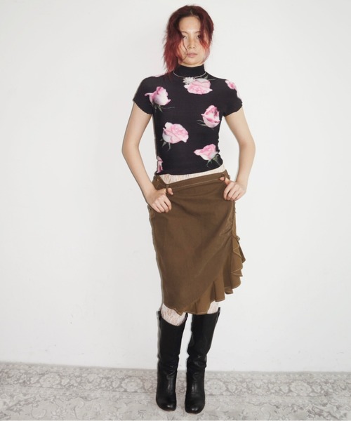 musubore ミディフリルスカート ブラウン bi-color frill midi skirt / ミディフリルスカート（スカート