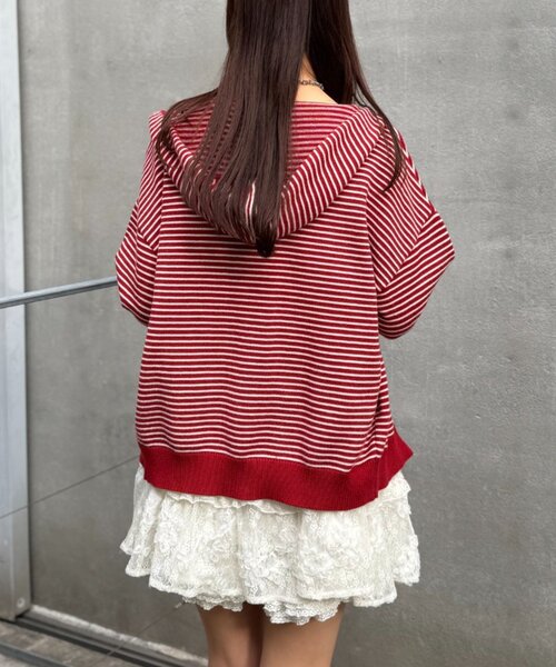 w closet（ダブルクローゼット）の「ボーダーニットパーカー（パーカー・レディース・ピンク/レッド/グレー/アイボリー・FREE）」の10枚目の写真